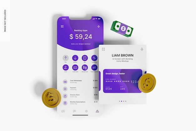 PSD ui screen with banking icons mockup top view