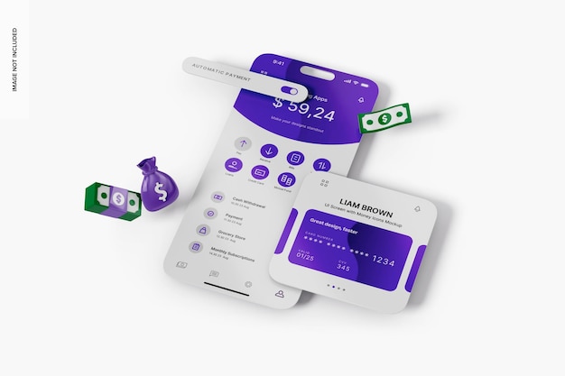 PSD ui screen with money icons mockup