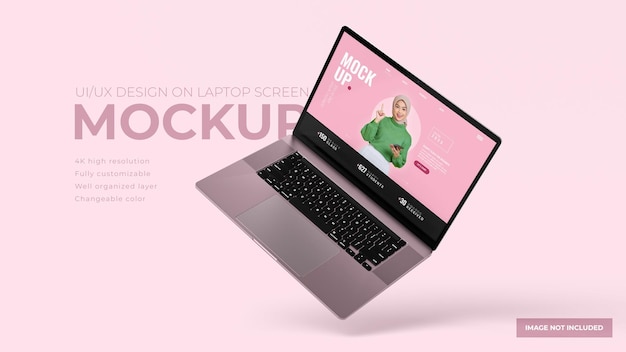 PSD ui ux presentation design на розовом плавающем реалистичном макете экрана ноутбука macbook