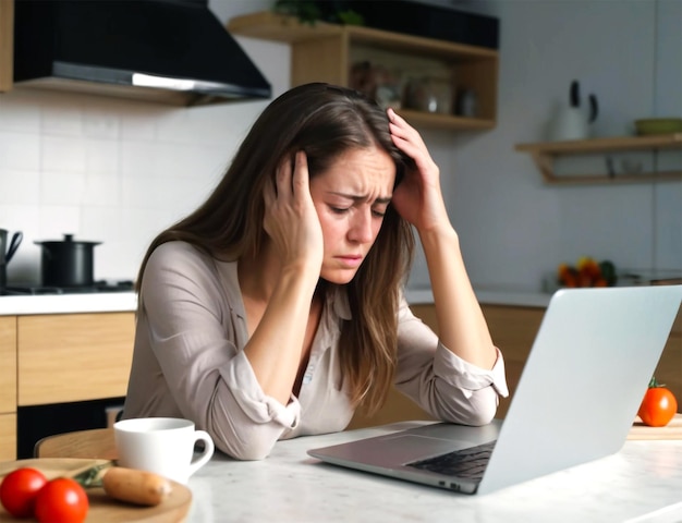 PSD uitgeputte vermoeide vrouw die op een laptop werkt met haar hoofd in haar hand en thuis in de keuken zit