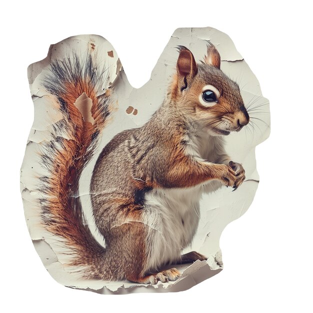 PSD uitgesneden sticker van een eekhoorn op gerimpeld papier
