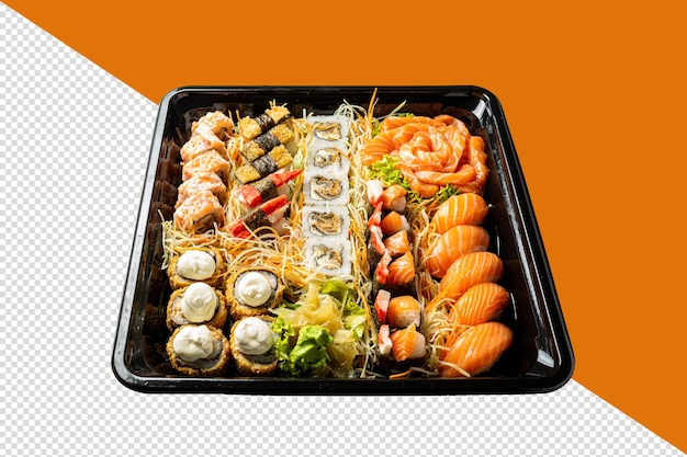 uitgesneden sushidoos gemaakt voor bezorging met sashimi nigiri hossomaki hot roll uramaki