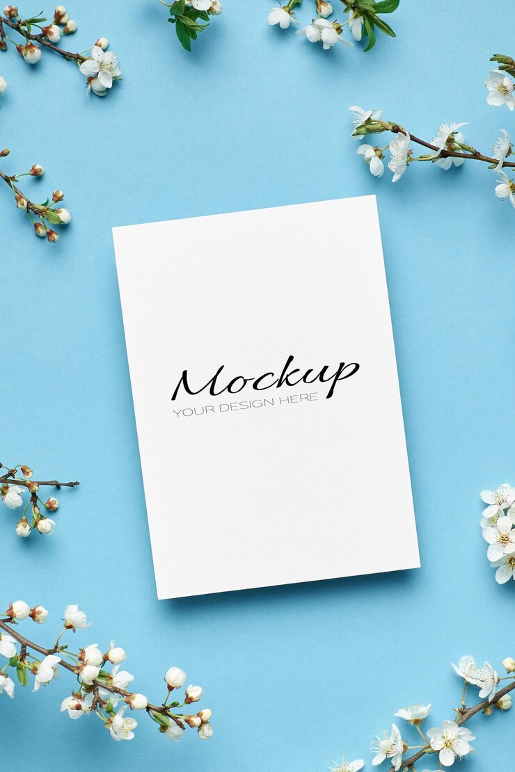 Uitnodiging of wenskaart mockup met lente kersenbloesem