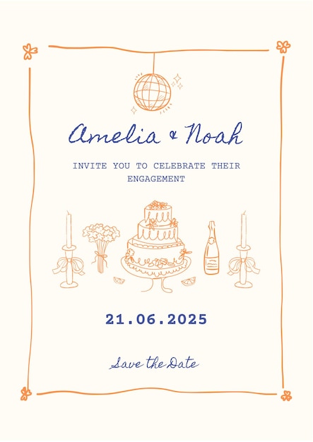 Uitnodiging voor een verlovingsfeest met een afbeelding van een bruidstaart