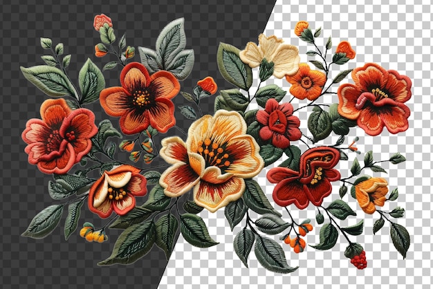 PSD uitstekende botanische borduurkunst met kleurrijke bloemen op een doorzichtige achtergrond