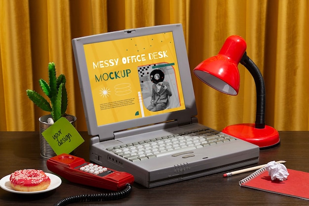 Uitzicht op een rommelig en rommelig bureau op de werkplek