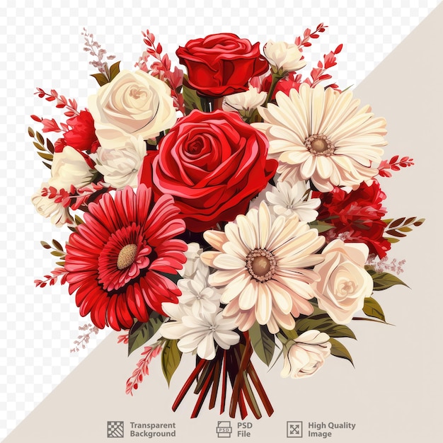 Układ czerwonych i białych róż, goździków i gerber