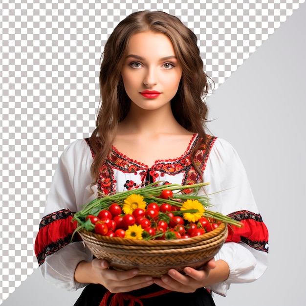 PSD Украинская девушка в традиционной национальной одежде с вишневым фоном