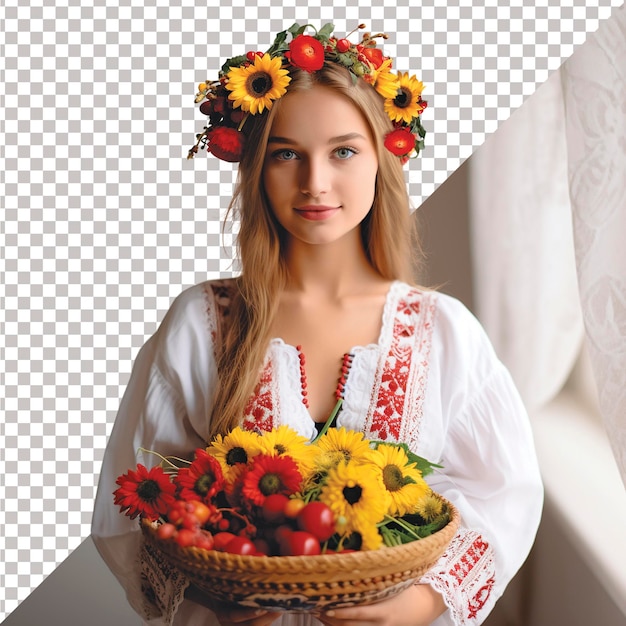 PSD ragazza ucraina in abito nazionale tradizionale e corona di fiori con girasoli sullo sfondo isolato