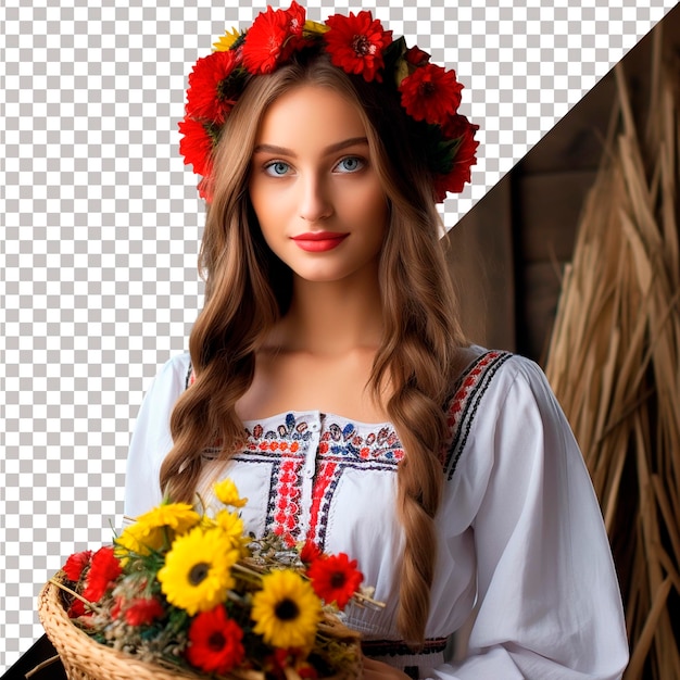 Ragazza ucraina con un tradizionale vestito ricamato nazionale e una ghirlanda di fiori ai