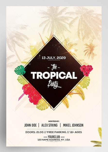 PSD ulotka letniego wydarzenia muzycznego tropical party