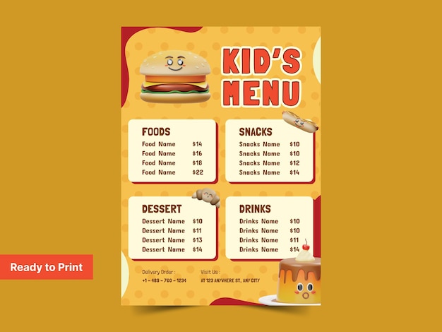 Ulotka menu żywności dla dzieci z ilustracją