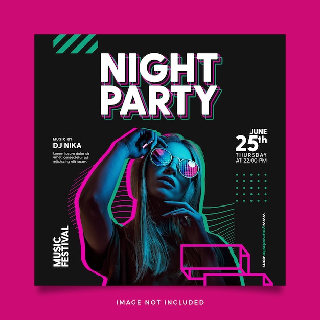 PSD ulotka na nocną imprezę z napisem „nocna impreza”.