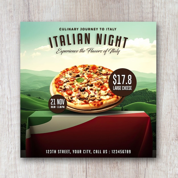 PSD ulotka promocyjna menu włoskiego jedzenia nocnego, baner w mediach społecznościowych