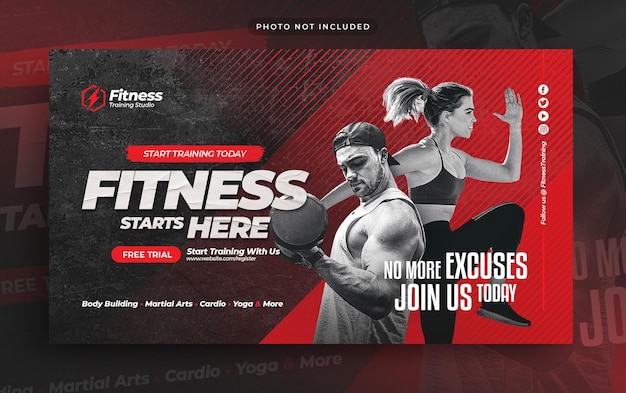 PSD ulotka z banerem internetowym fitness gym i miniaturą youtube