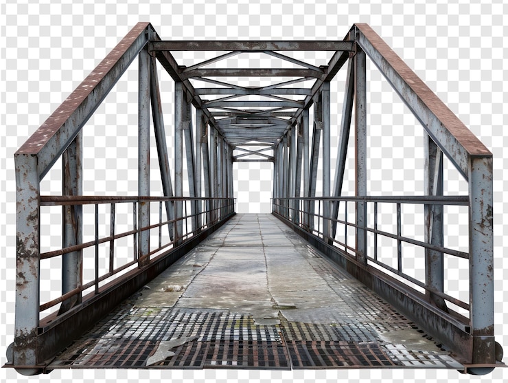 PSD ultra realistic front view photo of a rough metal bridge entrance on transparency background psd