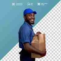 PSD um homem sorridente com uniforme azul segurando um saco de papel de comida e pronto para entrega