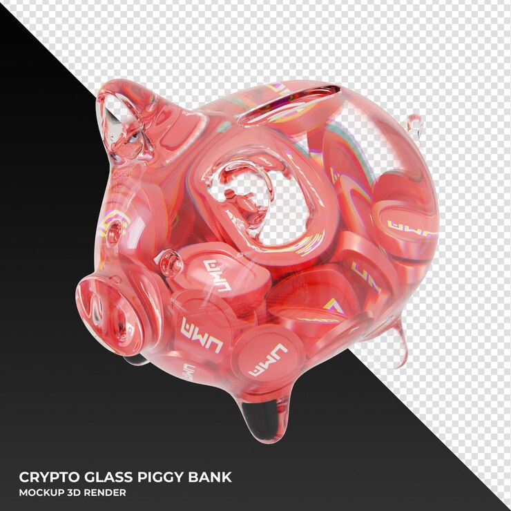 PSD uma uma glazen spaarvarken met cryptomunten 3d illustratie