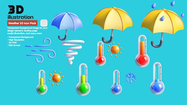 PSD 우산과 비오는 날씨 3d 아이콘 팩