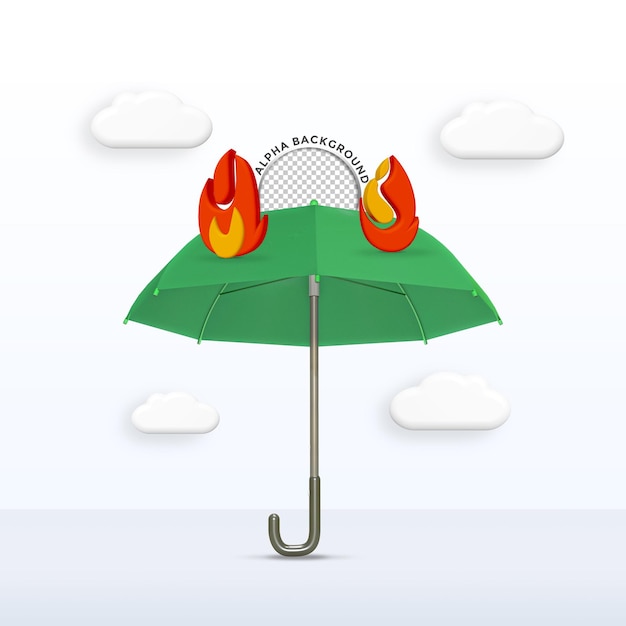 PSD umbrella green color stand with fire and cloud isolated 3d render background