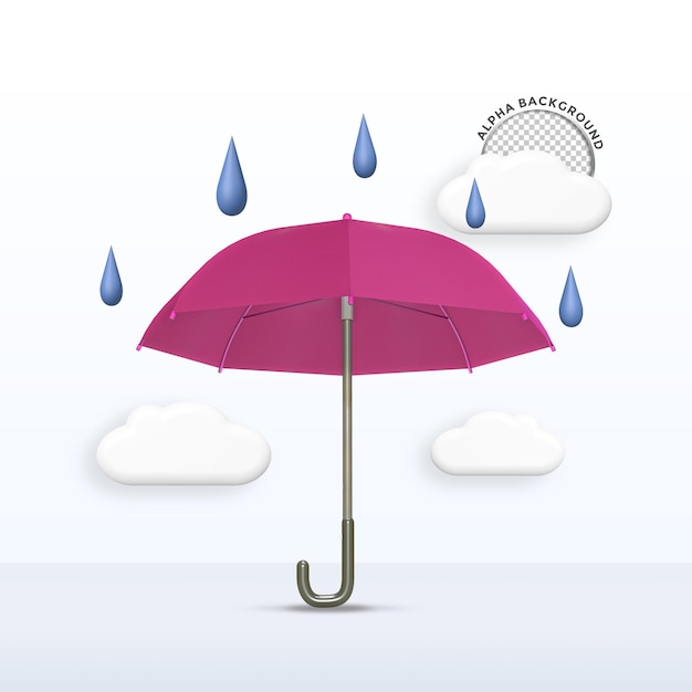 PSD umbrella pink color stand with cloud and rain isolated 3d render background