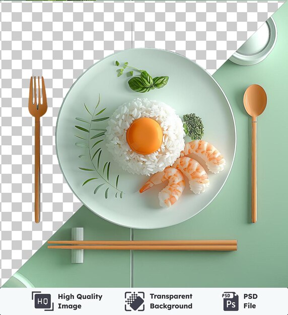 PSD unadone food served on a white plate with a silver fork and spoon accompanied by an orange carrot on a green and transparent background