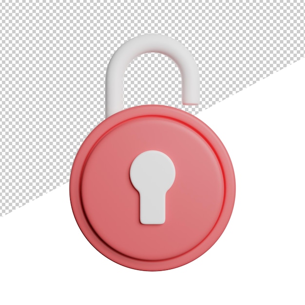 Unclock padlock key front view 3d rendering icon illustration on transparent background