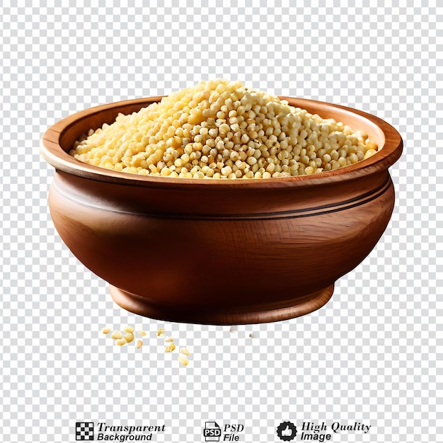 PSD uncooked dried couscous in wooden bowl isolated on transparent background