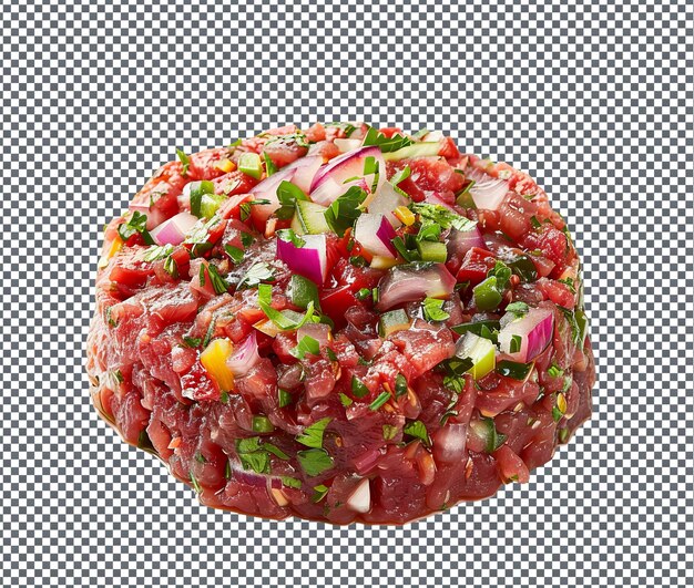 PSD uncooked gored ethiopian cubed raw beef isolated on transparent background