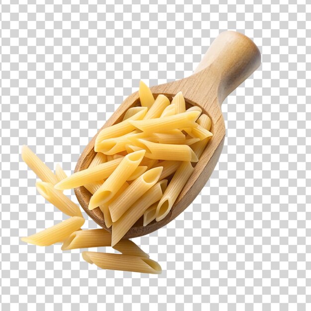 Uncooked raw penne pasta on wooden scoop isolated on transparent background