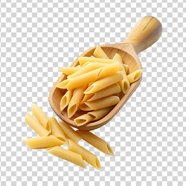 Uncooked raw penne pasta on wooden scoop isolated on transparent background