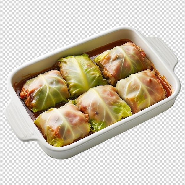 Uncooked stuffed cabbage rolls in baking dish on white isolated background