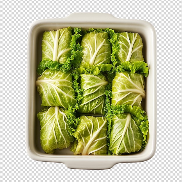 PSD uncooked stuffed cabbage rolls in baking dish on white isolated background