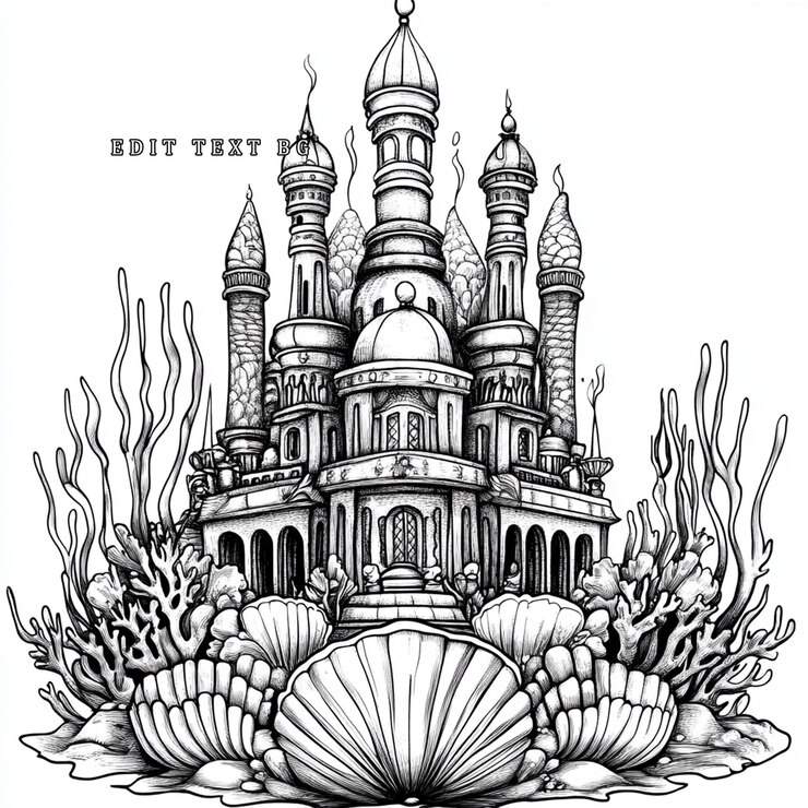 PSD underwater castle illustration ornate architecture sea shells coral fantasy