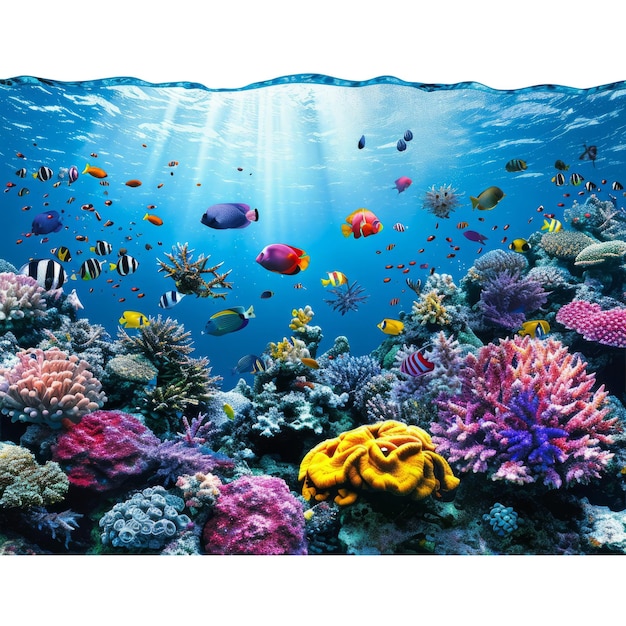 PSD underwater coral reef landscape background in the deep blue ocean with colorful fish and marine life