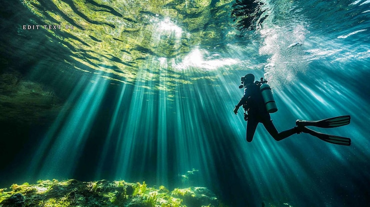 PSD underwater diver silhouetted by sunbeams penetrating the waters surface in a cenote