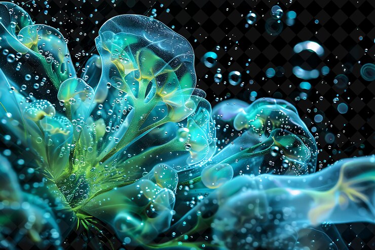 PSD underwater explosion with bubbles sea creatures and coral co png neon effect on dark background