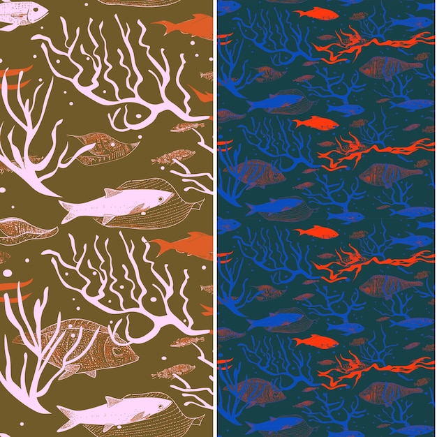 underwater scene with fish and coral silhouette arranged in nature pattern vector designs