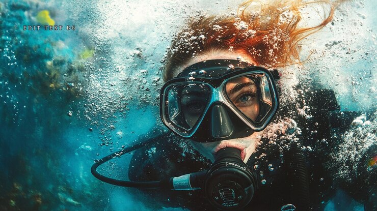 PSD underwater scuba diver woman with red hair and diving equipment