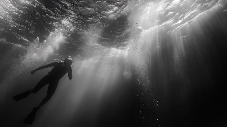 PSD underwater serenity a divers silhouette in sunbeams