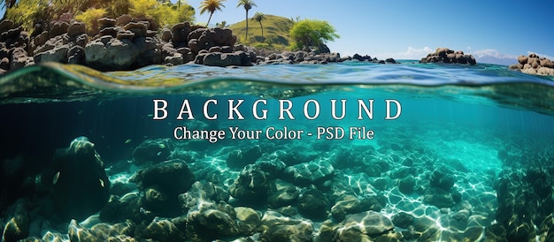 PSD underwater view of tropical coral reef with blue water and sandy beach