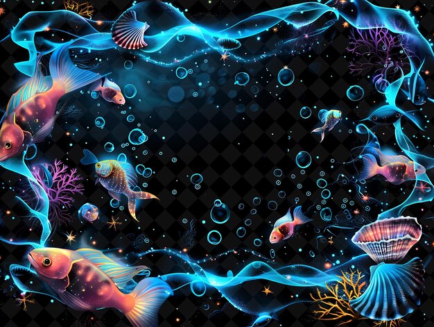 PSD underwater wonder arcane frame with swimming fish and floati neon color frame y2k collection