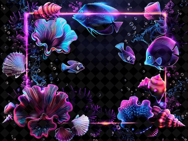 Underwater wonder arcane frame with swimming fish and floati neon color frame y2k collection