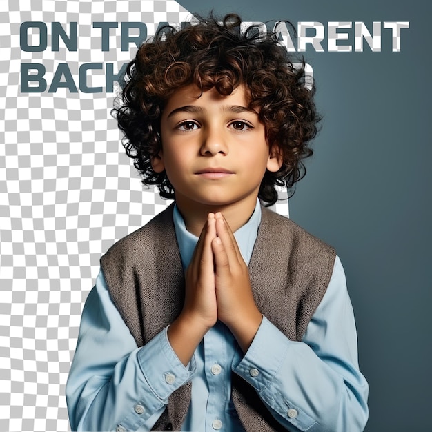 PSD a uneasy child boy with curly hair from the west asian ethnicity dressed in elementary school teacher attire poses in a sitting with hands clasped style against a pastel blue background