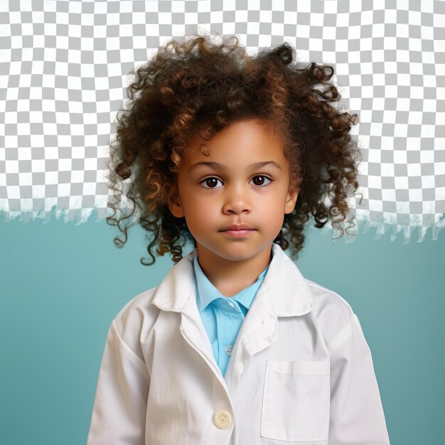 PSD a uneasy child girl with curly hair from the african ethnicity dressed in chemist attire poses in a back to camera with turned head style against a pastel blue background