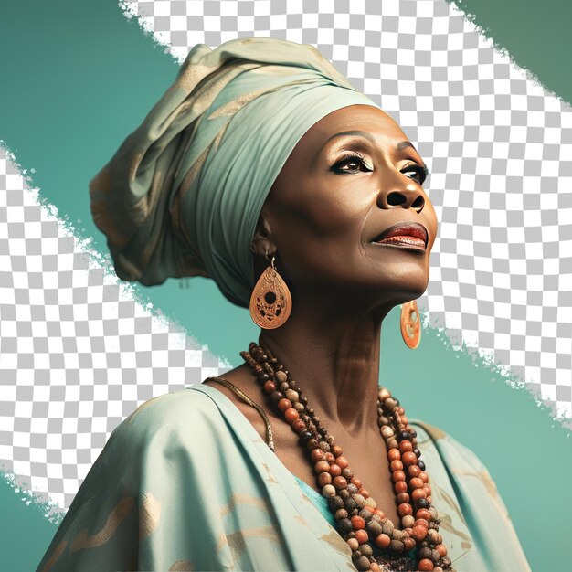 PSD a uneasy senior woman with bald hair from the african ethnicity dressed in artist attire poses in a profile silhouette style against a pastel turquoise background