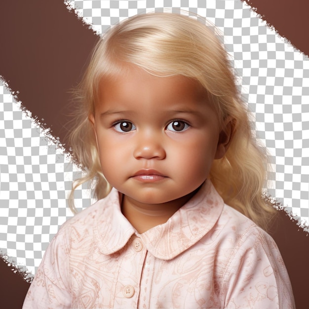 A uneasy toddler woman with blonde hair from the aboriginal australian ethnicity dressed in coroner attire poses in a soft gaze with tilted head style against a pastel mauve background