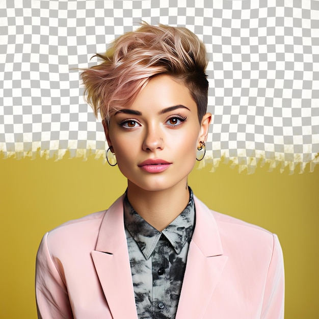 PSD a uneasy young adult woman with short hair from the scandinavian ethnicity dressed in barber attire poses in a back to camera with turned head style against a pastel lemon background