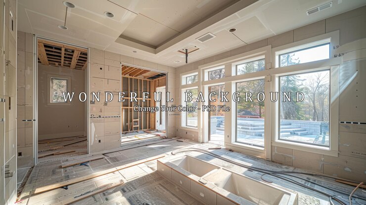 PSD unfinished bathroom with bathtub and windows
