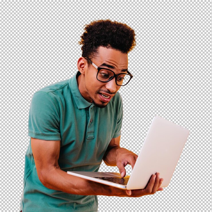 PSD unhappy male student typing on keyboard brunette freelancer in glasses using laptop for work
